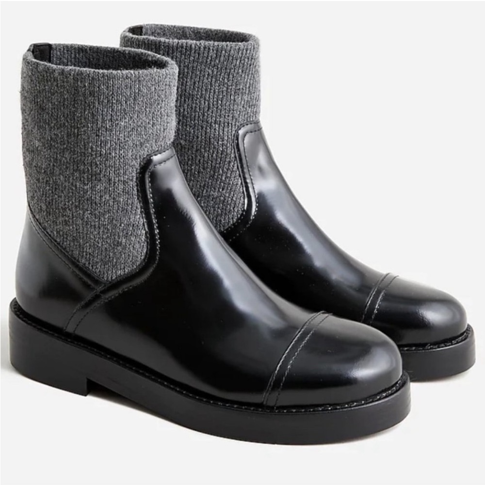 NWT J. Crew Spazzo Black Italian Leather Round Toe Heather Rib-Cuff Boots